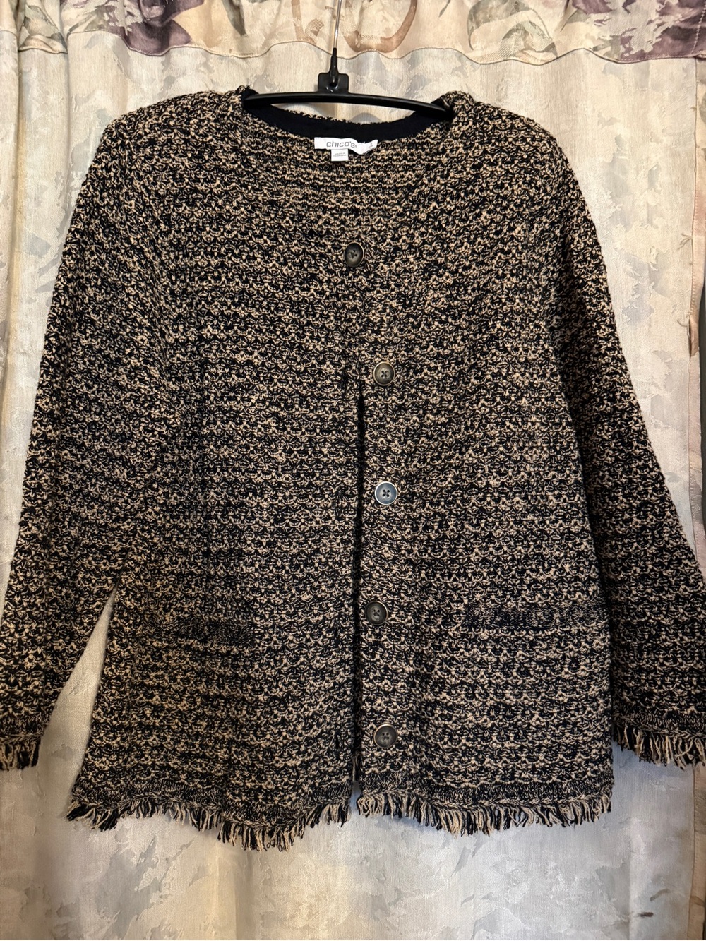 Chico’s Tweed Cropped Jacket Size 2 Large Black Tan Fringe
